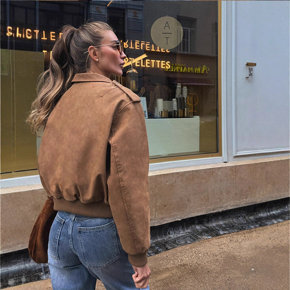 Damen lässige Kurzjacke mit voluminösen Ärmeln und Reißverschluss Drune