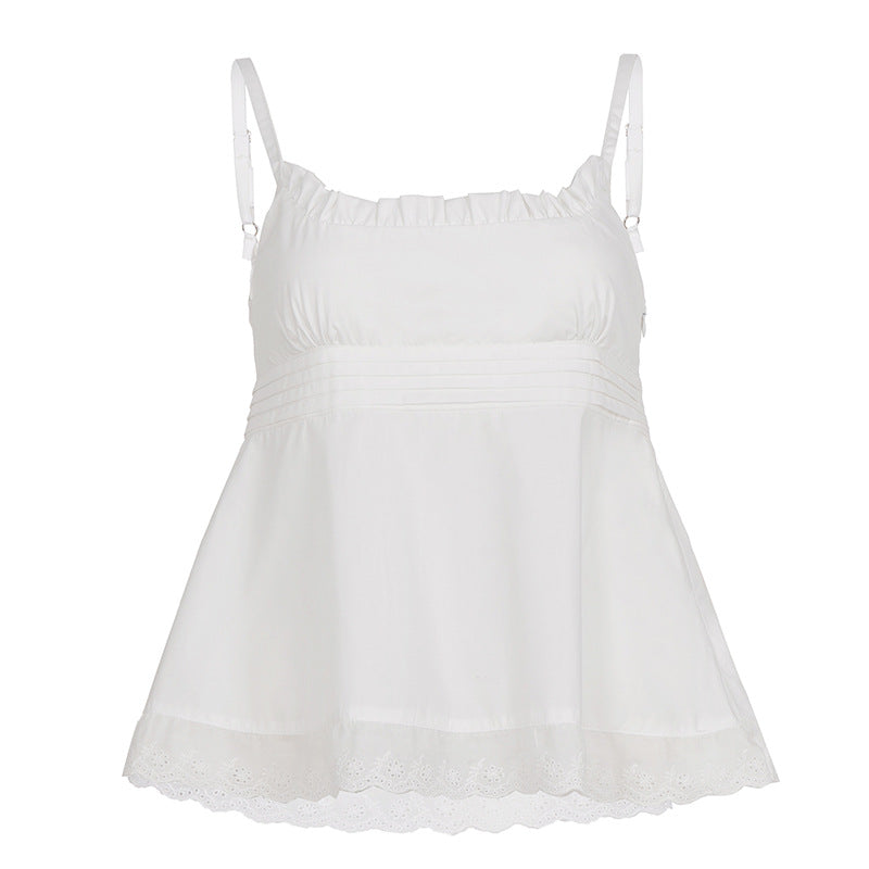 Damen luftiges Spitzen-Top mit Spaghetti-Trägern und romantischem Saum Drune