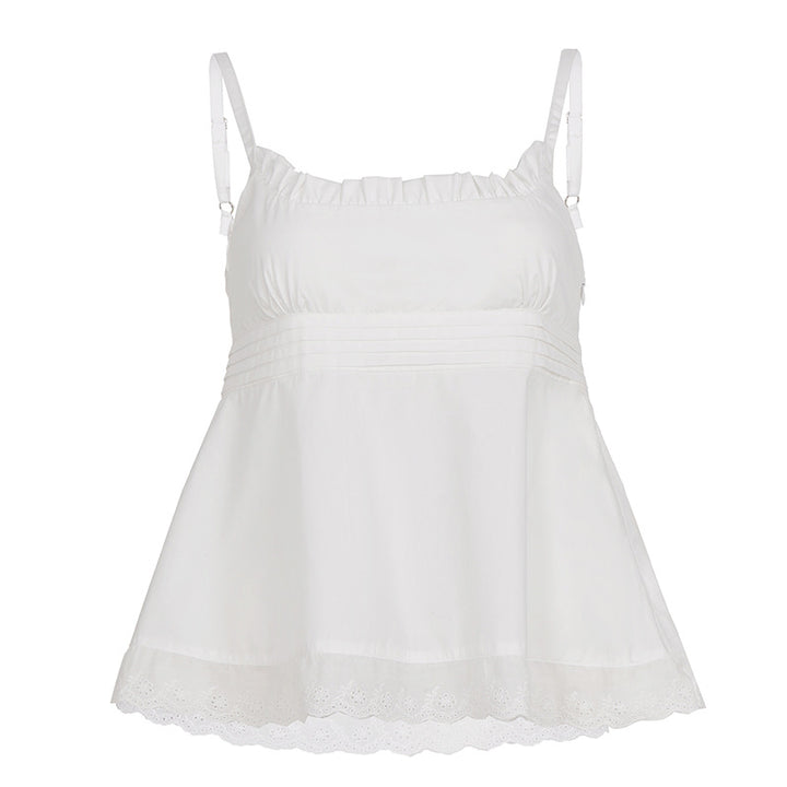 Damen luftiges Spitzen-Top mit Spaghetti-Trägern und romantischem Saum Drune