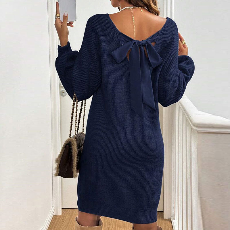 Damen Strickkleid mit raffiniertem Rückenausschnitt und Schleifendetail Drune
