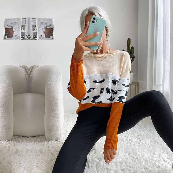 Damen lässiger Strickpullover mit modischem Farbblock-Design und animalischen Akzenten Drune