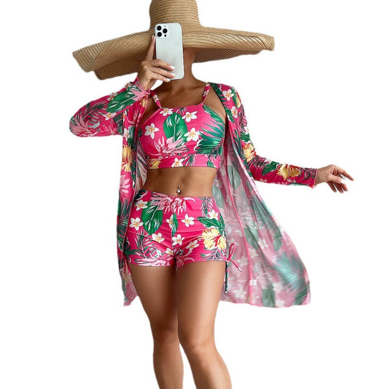 Damen Sport-Bikini-Set mit farbenfrohem Floralprint und lässiger Wickeljacke Drune