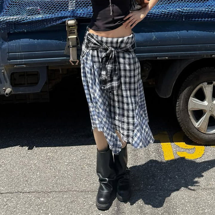 Damen asymmetrischer karierter Rock mit Bindegürtel Drune