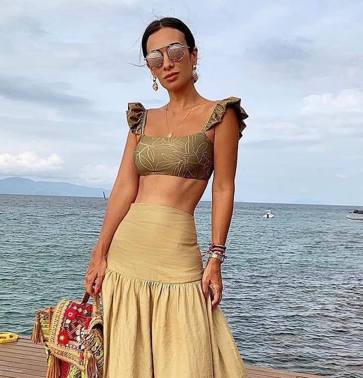 Damen Crop-Top und Rock Set mit Rüschen und floralem Muster Drune