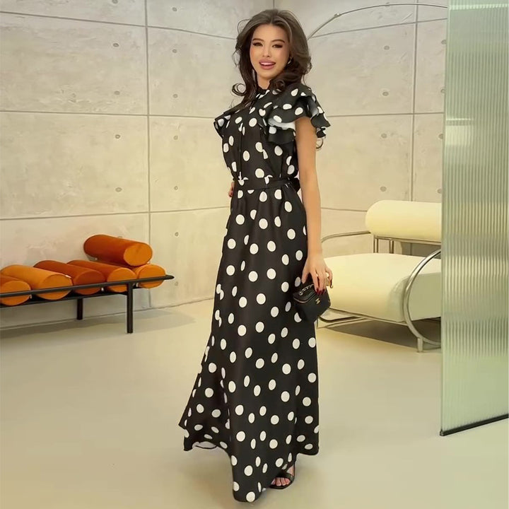 Damen Maxikleid mit voluminösen Rüschendetails und polka-dot Muster Drune
