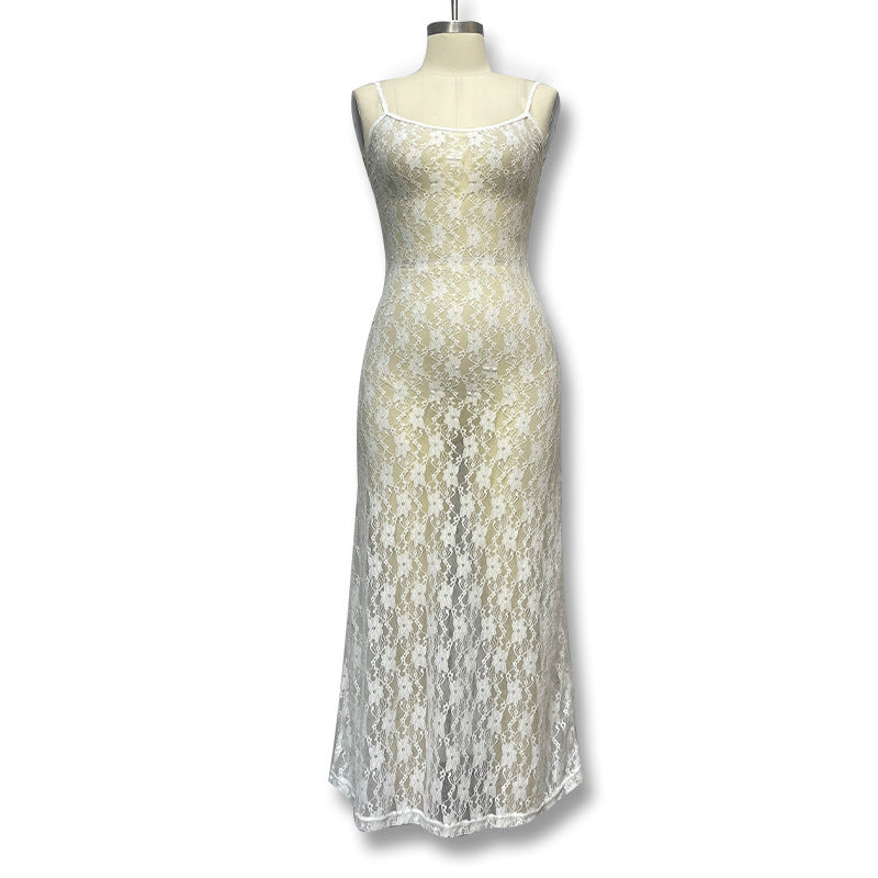 Damen Spitzen-Maxikleid mit schmalen Trägern und eleganter Silhouette Drune