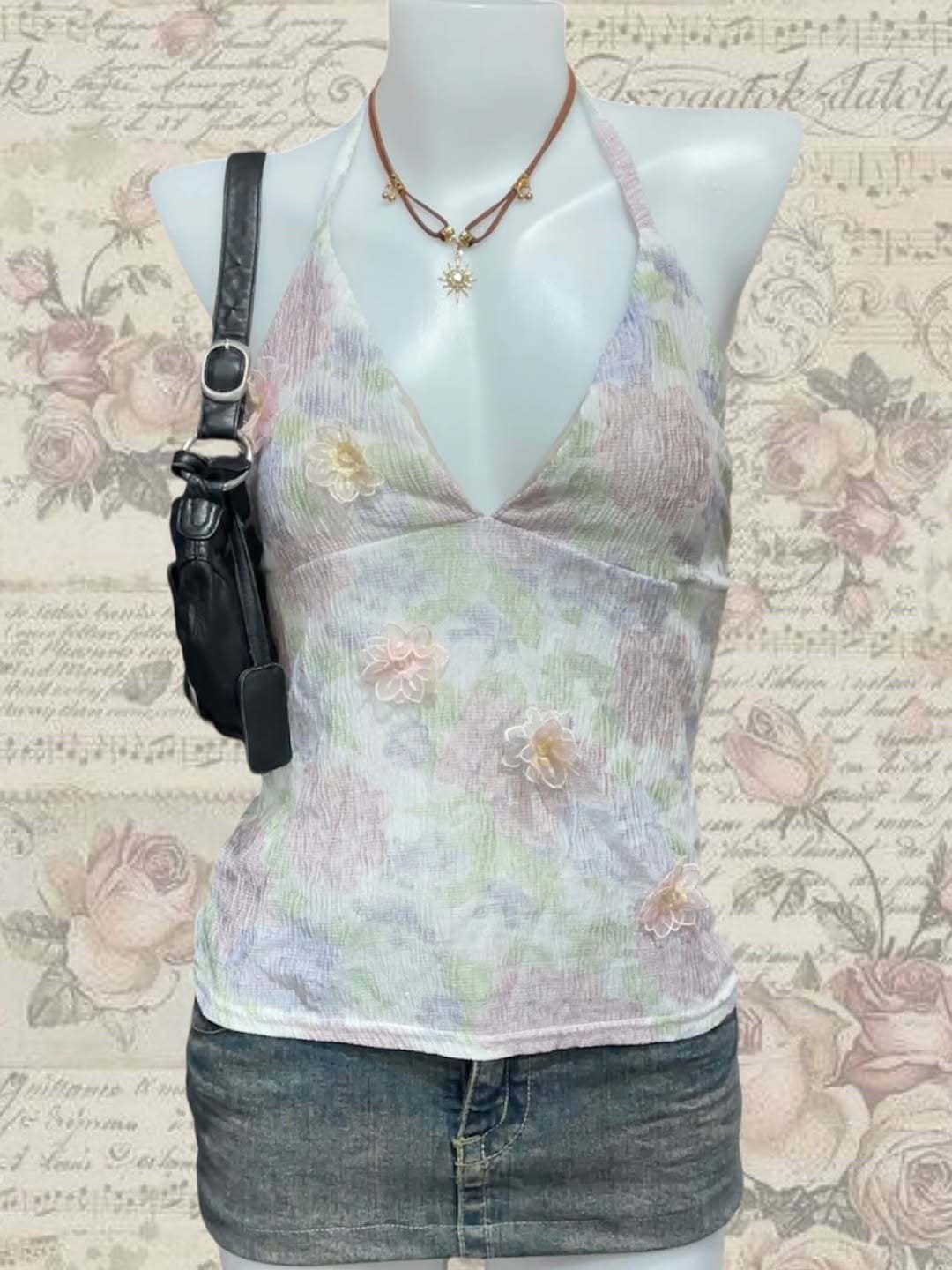 Damen Blühendes Sommer-Top mit elegantem V-Ausschnitt und feinen Rüschendetails Drune