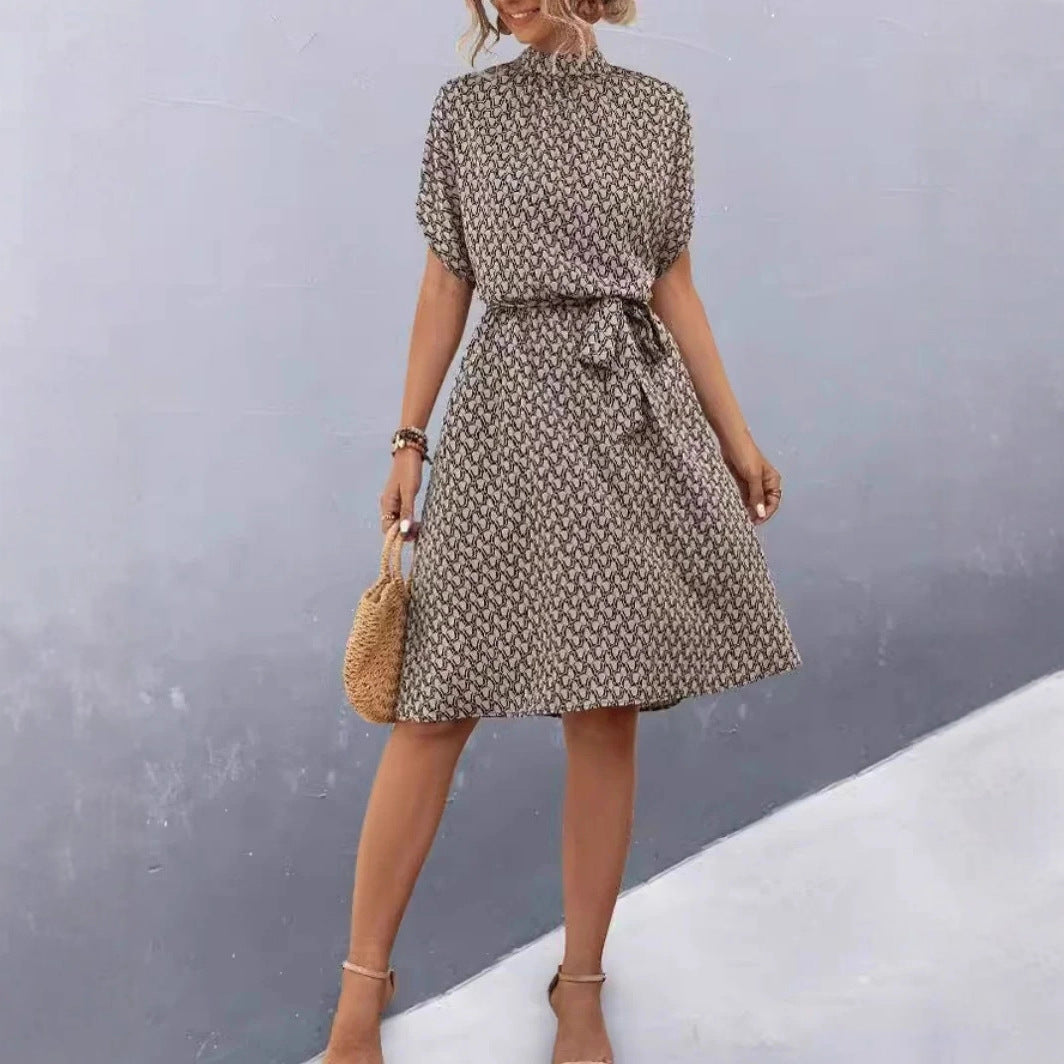 Damen Midikleid mit elegantem Bindegürtel und modischem Stehkragen Drune