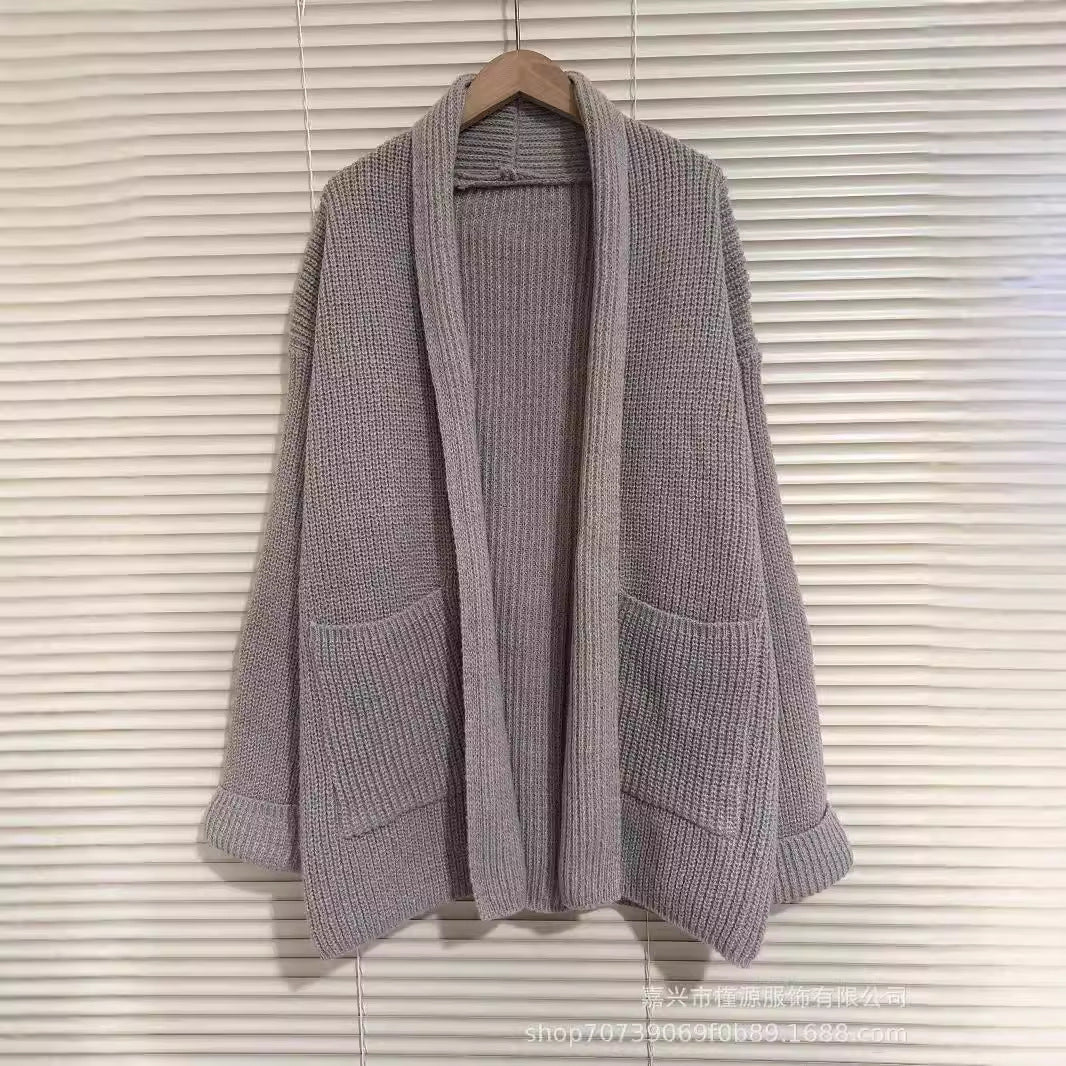 Damen Grobstrick Cardigan mit eleganten Revers und Taillengürtel Drune