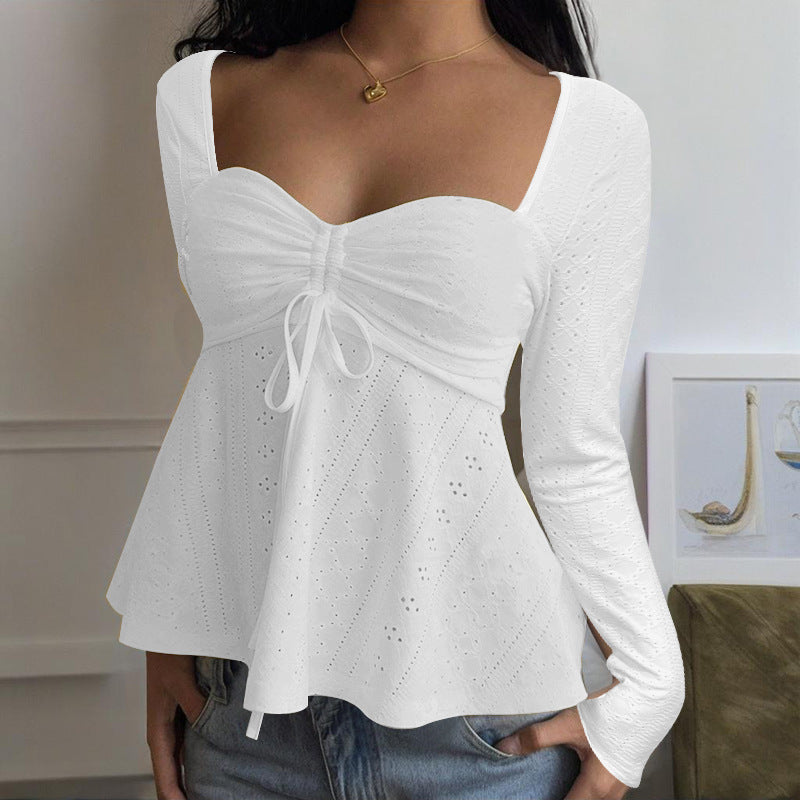 Damen luftiges Blusenshirt mit Rüschendetails und Schnürung Drune