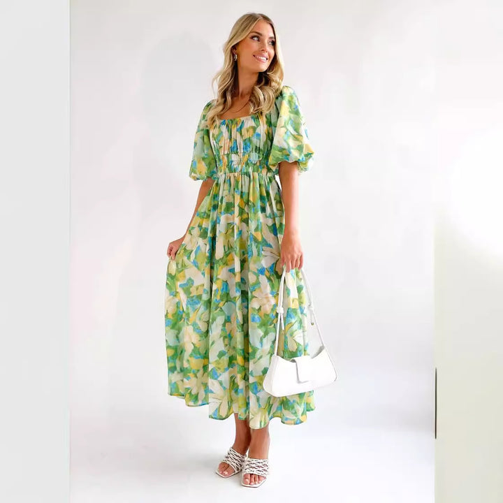 Damen Off-Shoulder Maxikleid mit floralen Mustern und elastischem Bund Drune