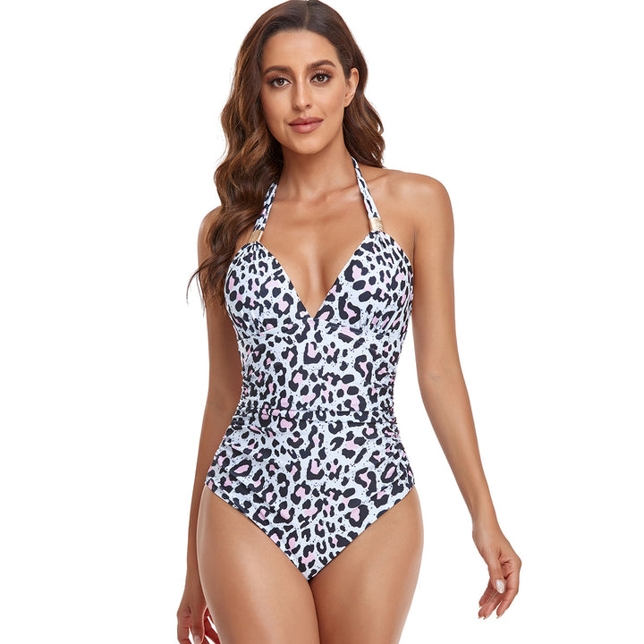 Damen einteiliger Badeanzug mit elegantem V-Ausschnitt und floralen Akzenten Drune