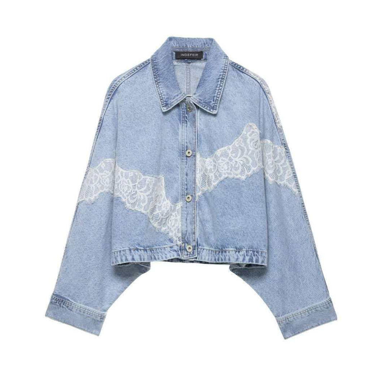 Damen nan oversized Denimjacke mit Spitzenbesatz, kastigem Cropped-Schnitt und überschnittenen Ärmeln Drune
