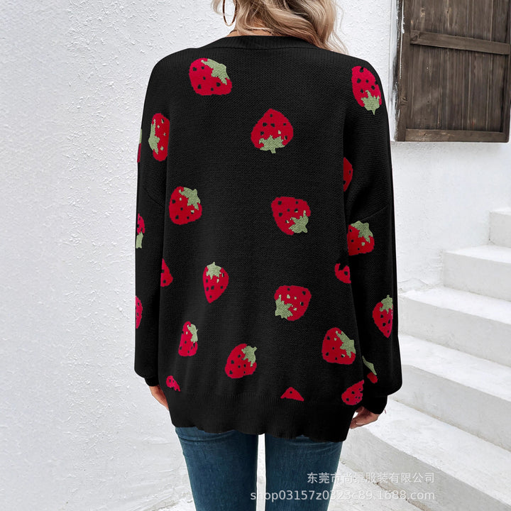 Damen Strickjacke mit Erdbeer-Muster Drune
