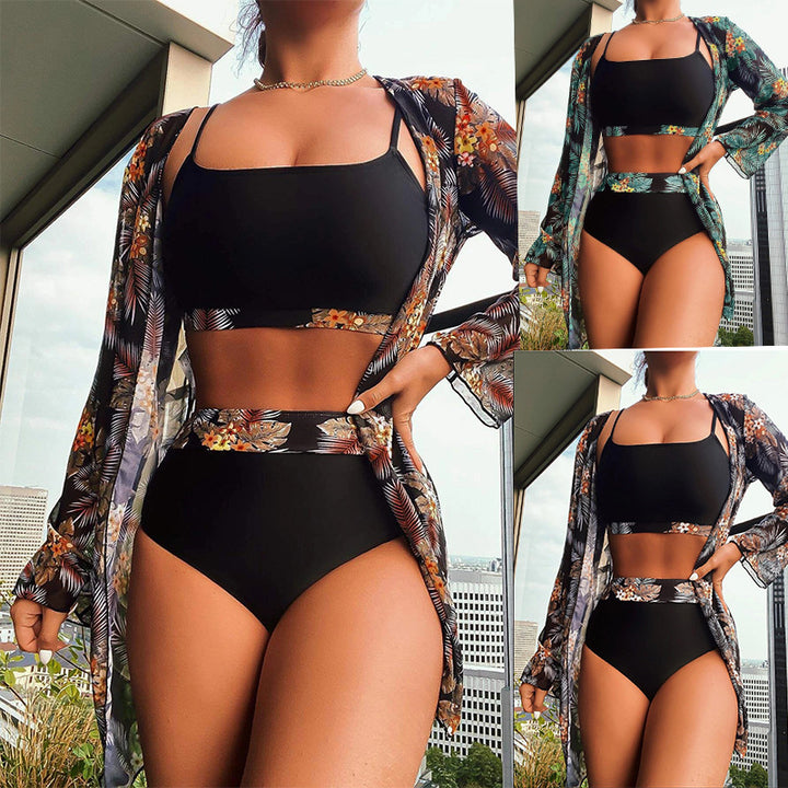 Damen Bikini-Set mit hochgeschnittenem Höschen und floralem Kimono Drune