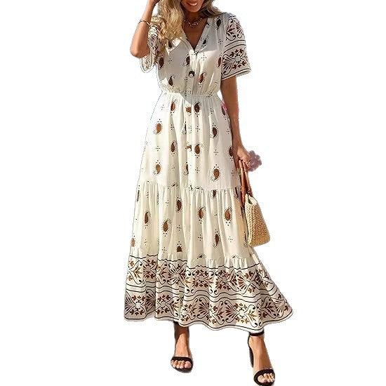 Damen Boho Maxikleid mit floralen Prints und Taillengürtel Drune