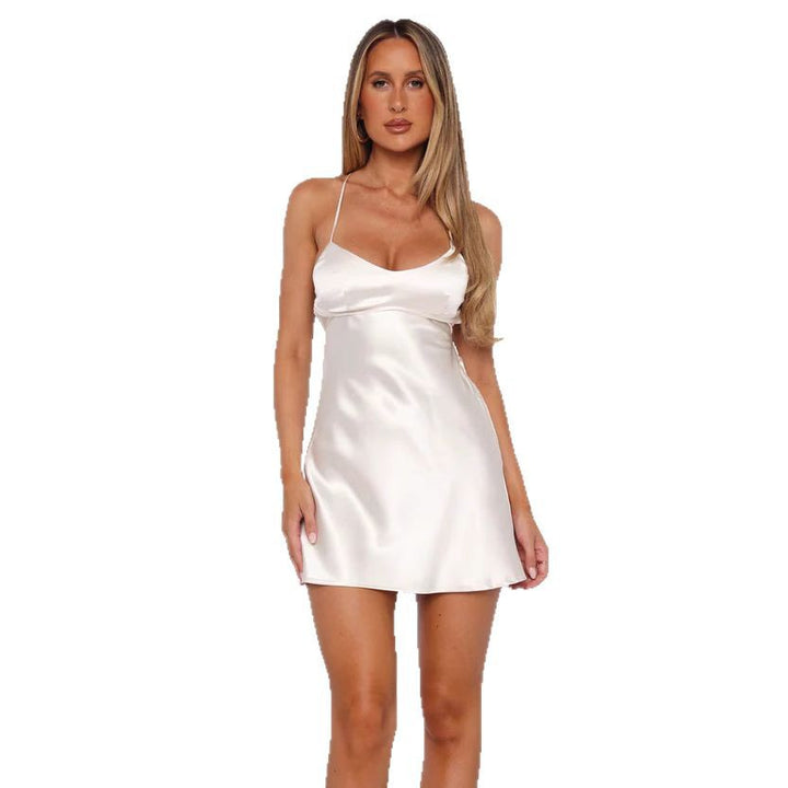 Damen Satin Mini-Kleid mit verstellbaren Spaghettiträgern und elegantem Scoop-Ausschnitt Drune