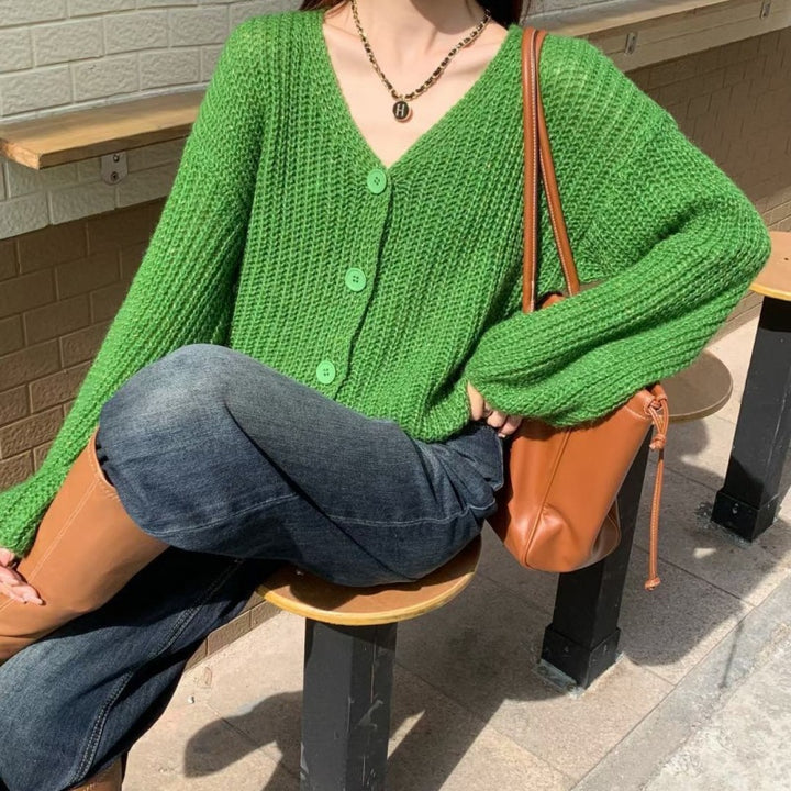 Damen lässiger Cardigan aus grobem Strick mit praktischen Knöpfen Drune