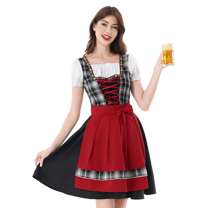 Damen nan traditionelles Dirndlkleid mit kariertem Mieder, Schnürung, Puffärmeln und Schürze Drune