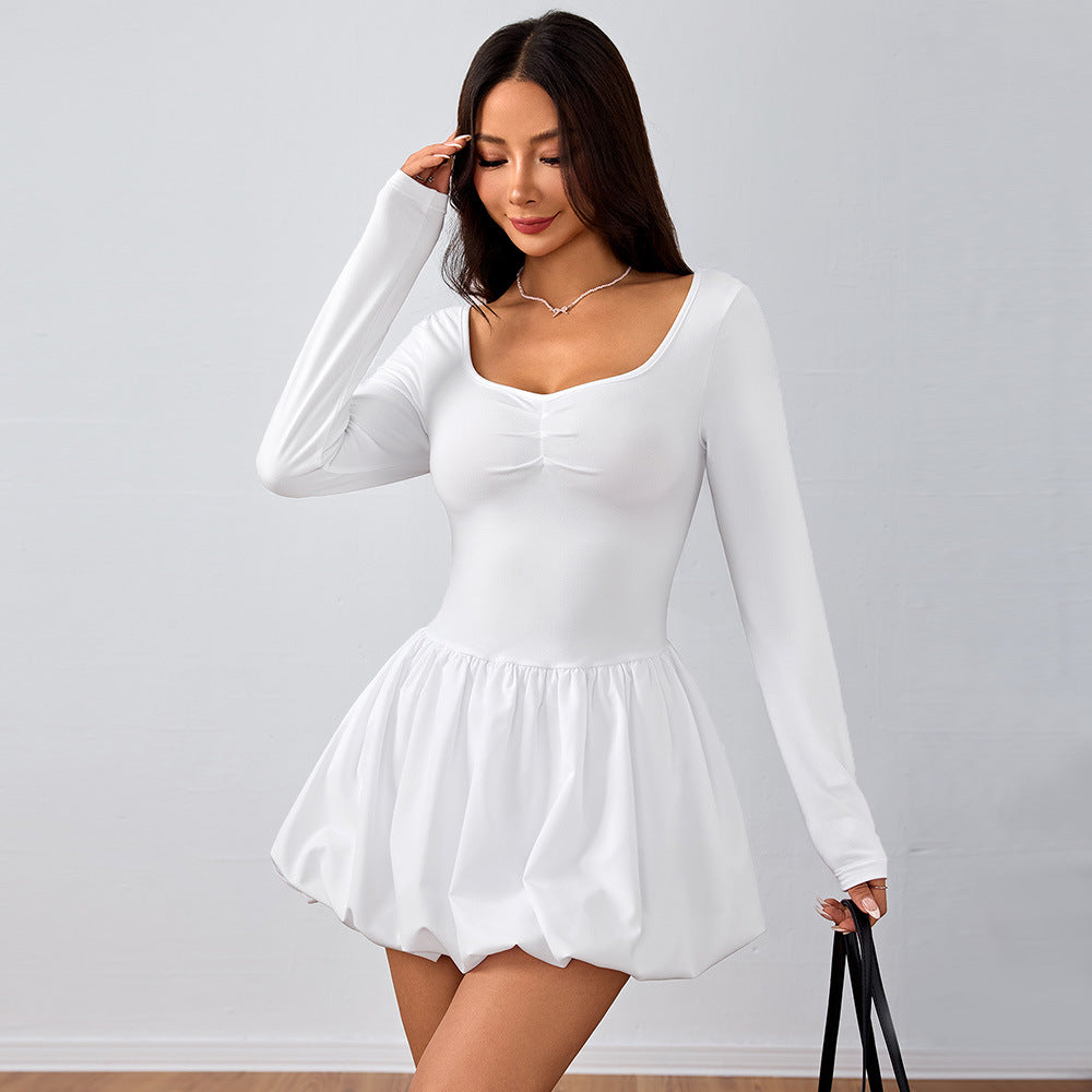 Damen Puffärmel Minikleid mit tiefem V-Ausschnitt und elastischem Bund Drune