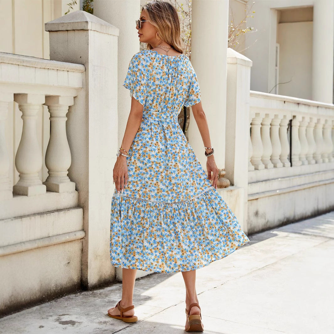 Damen romantisches Blumenkleid mit Taillengürtel und Rüschen Drune