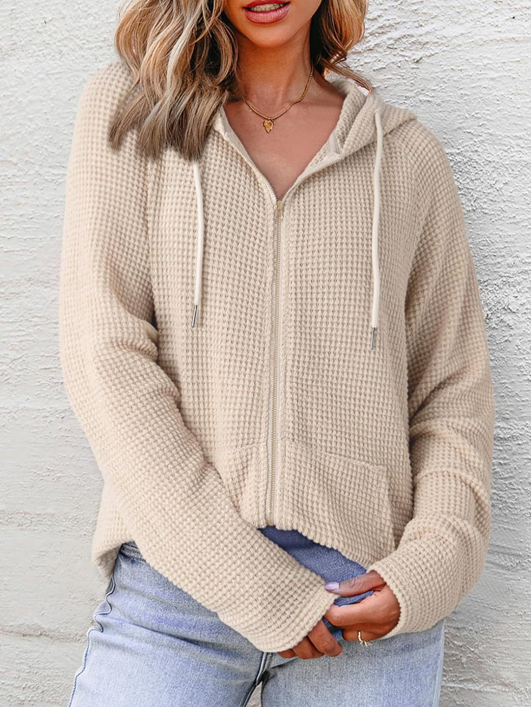 Damen lässige Kapuzenjacke mit strukturiertem Waffelmuster und praktischen Taschen Drune