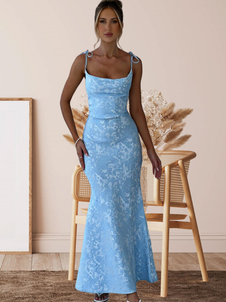 Damen Elegantes Langarm Abendkleid mit floralem Jacquard-Muster und zartem Rückenausschnitt Drune