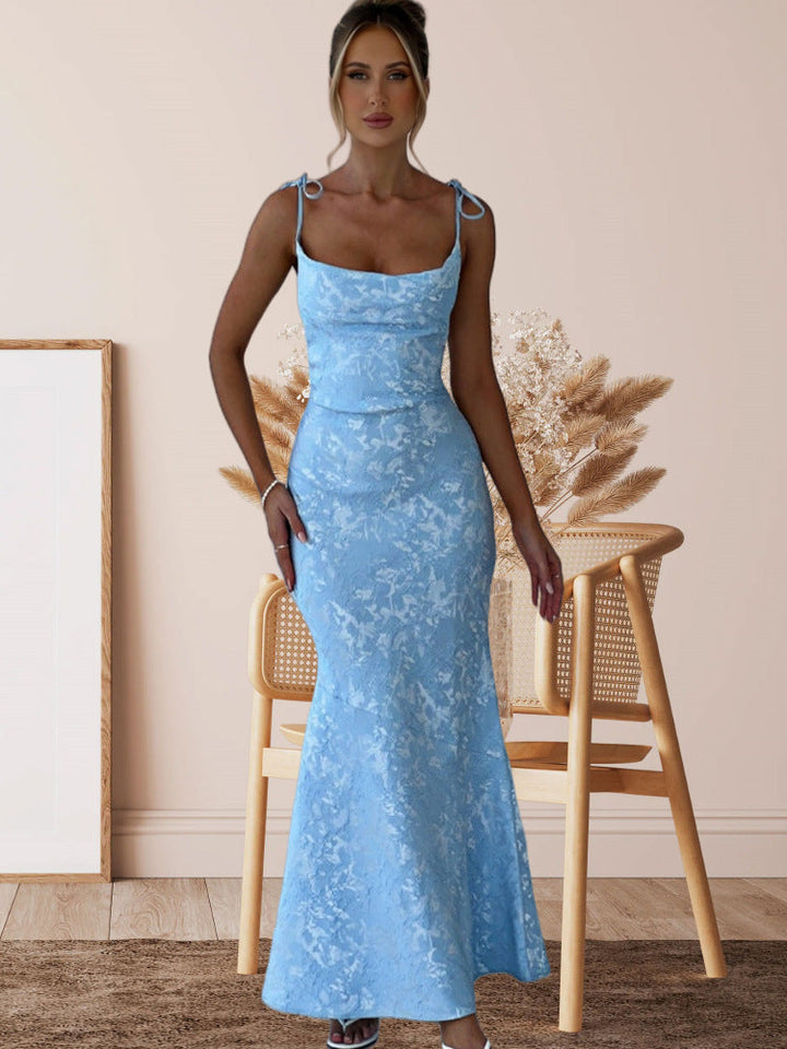 Damen Elegantes Langarm Abendkleid mit floralem Jacquard-Muster und zartem Rückenausschnitt Drune