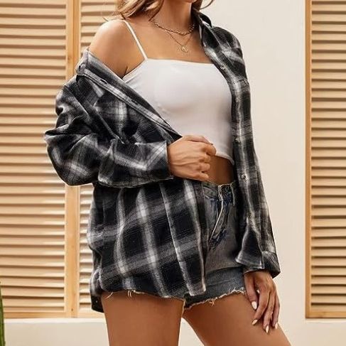 Damen karierte Flanellbluse mit Knoten-Detail Drune