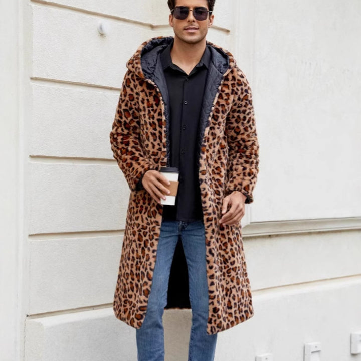 Herren Eleganter Kunstfellmantel mit Leopardenmuster Drune