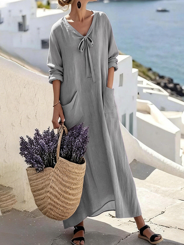Damen Maxikleid mit seitlichen Taschen und Schleifendetails Drune