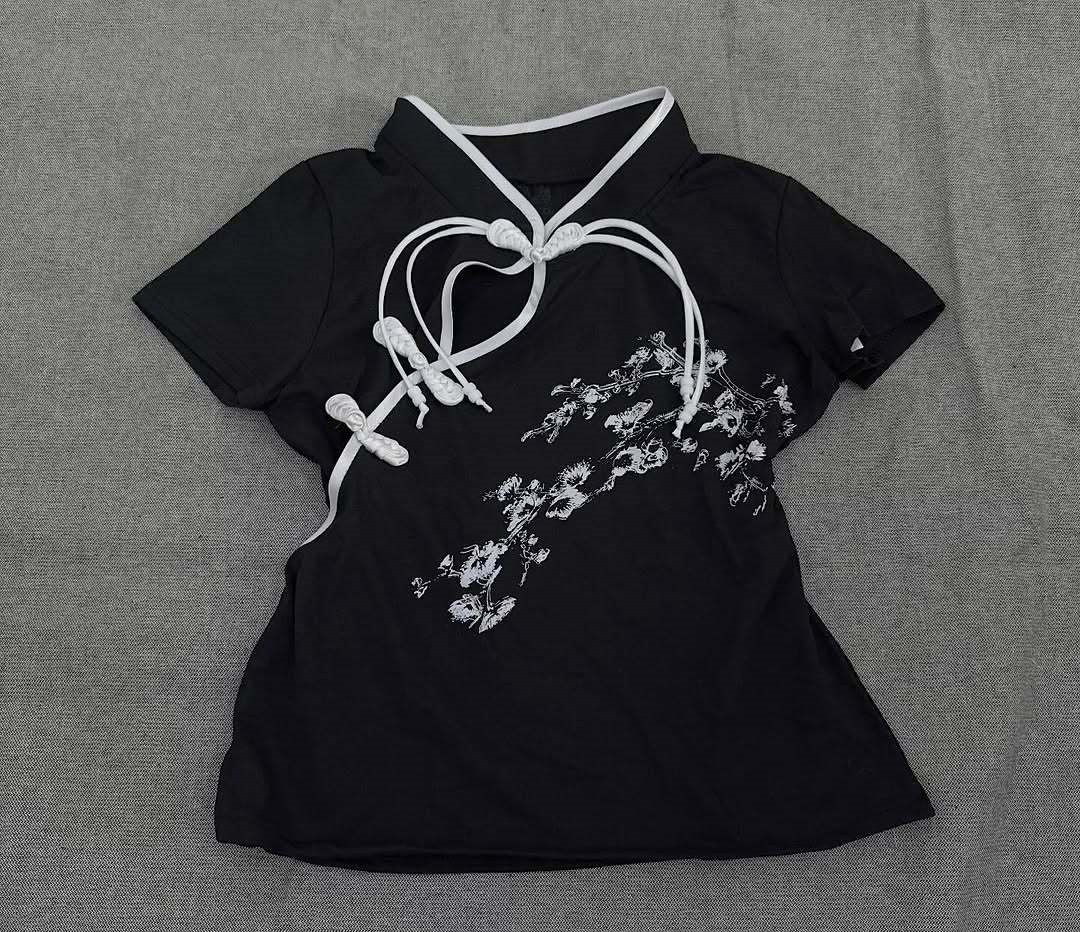 Damen Modernes Chinesisches Kurzarm-T-Shirt mit kreativem Knotendesign Drune