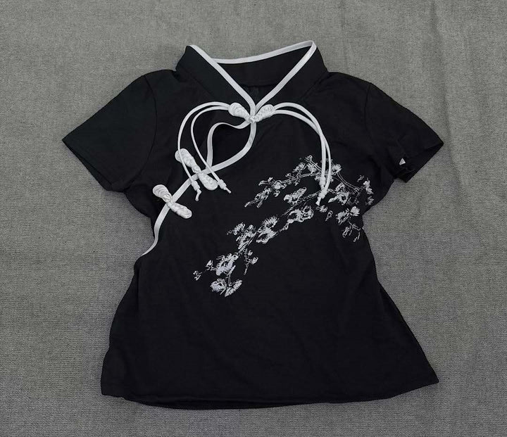 Damen Modernes Chinesisches Kurzarm-T-Shirt mit kreativem Knotendesign Drune