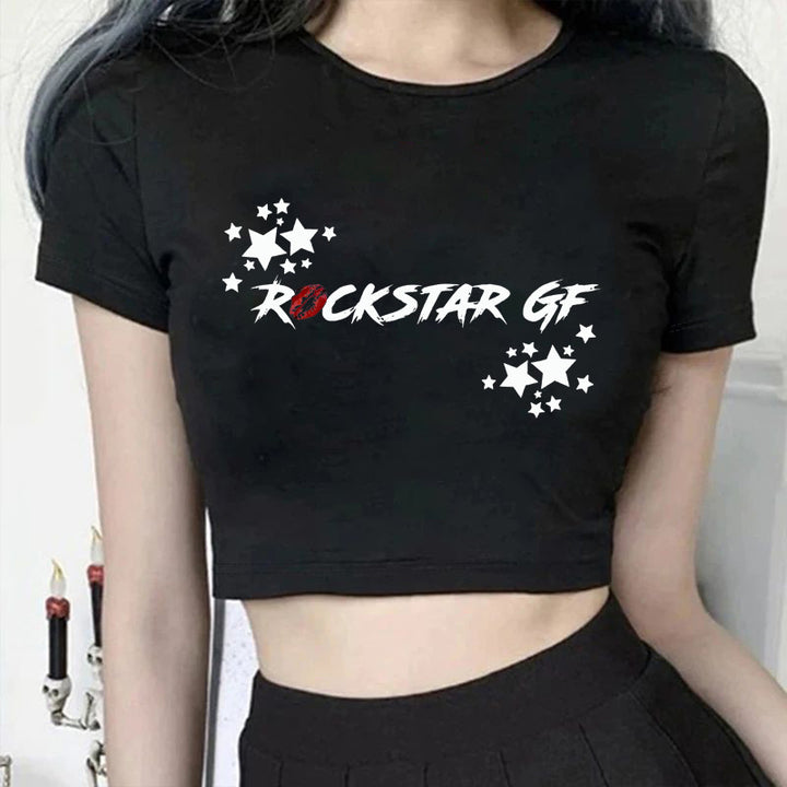 Damen Crop-T-Shirt mit modernem Grafiken-Aufdruck Drune