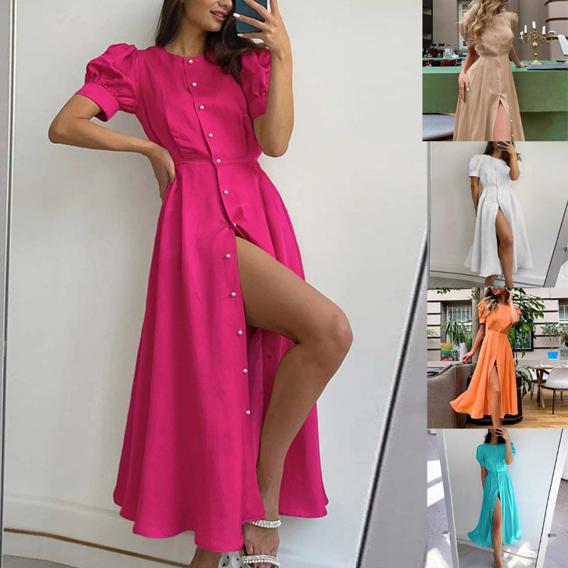 Damen Maxikleid mit Knopfleiste und seitlichem Schlitz Drune