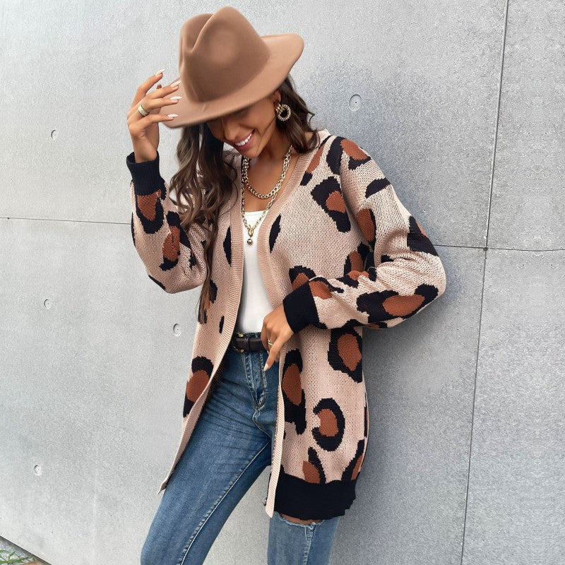 Damen lässiger Cardigan mit modernem Leo-Muster und offenem Schnitt Drune