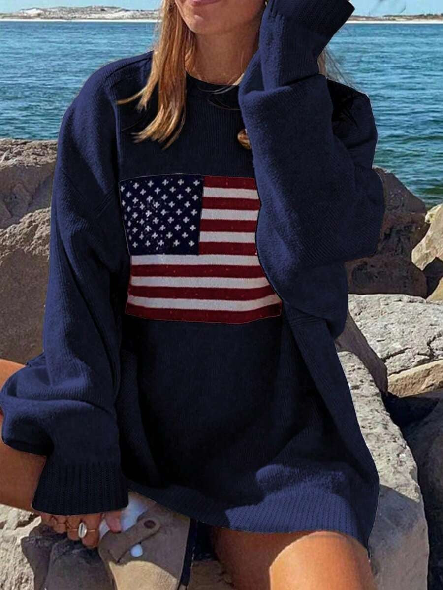 Damen Strickpullover mit Flaggenmotiv und lockerer Passform Drune