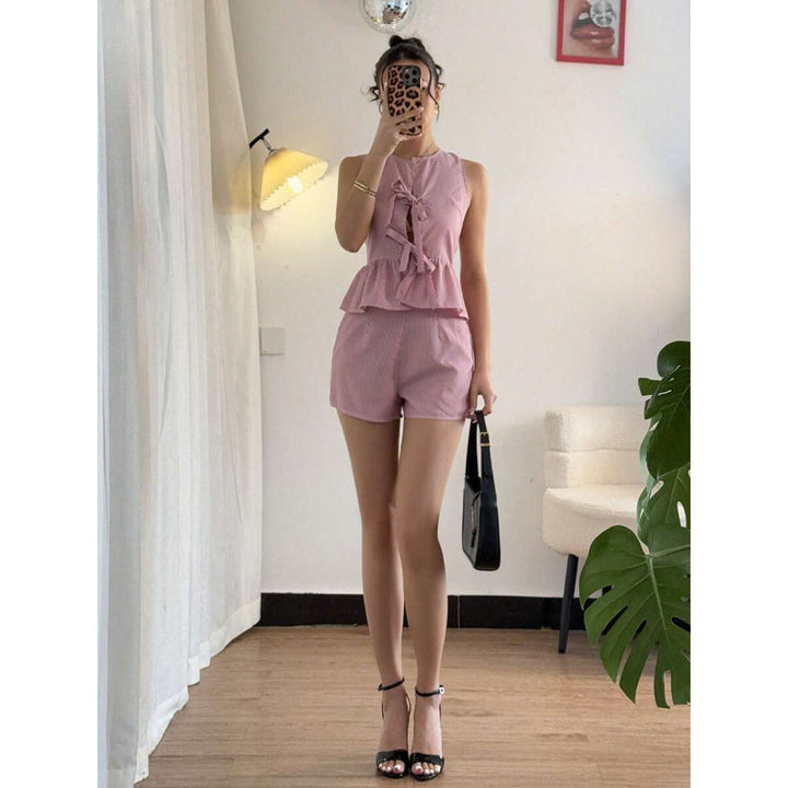 Damen Sommerliches Zweiteiliges Set mit Rüschendetails und verziertem Oberteil Drune