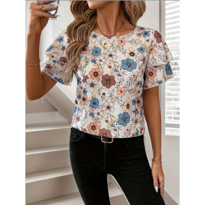 Damen Kurzarm-Bluse mit Volant und floralem Muster Drune