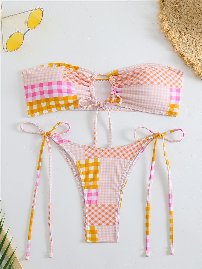 Damen Bikini-Set mit verspieltem Karomuster und verstellbaren Bindebändern Drune