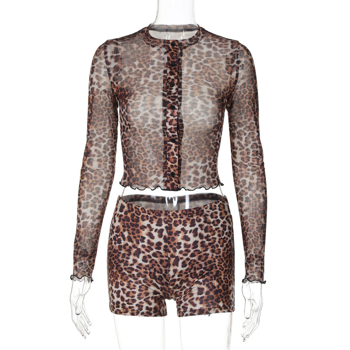 Damen Transparente Leopardenmuster Bluse und Short Set Drune