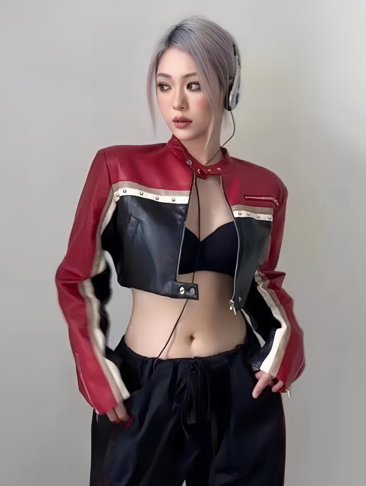 Damen trendige cropped Lederjacke mit einzigartigen Farbakzenten Drune