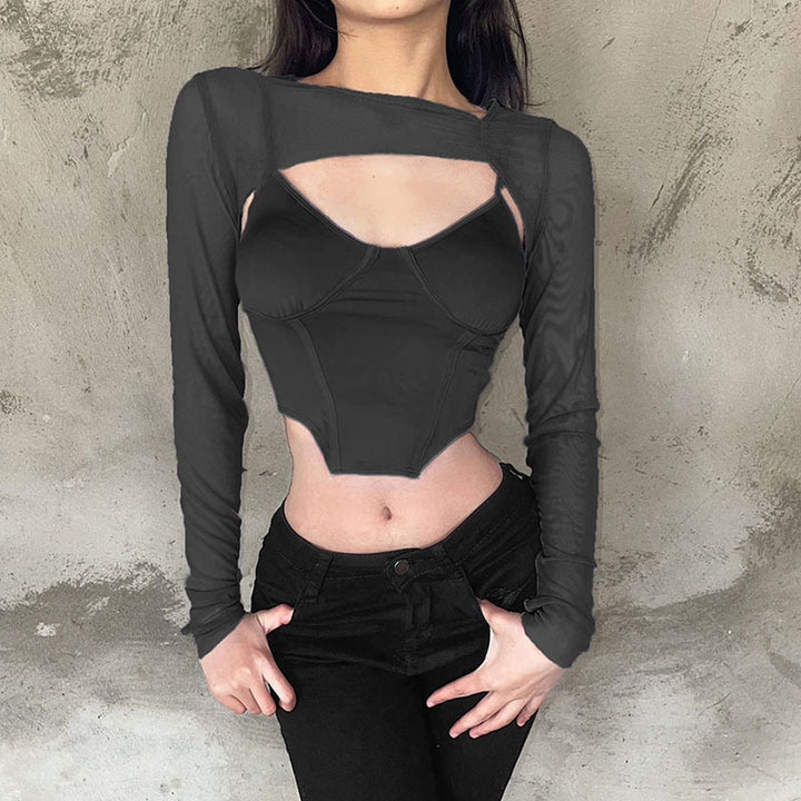 Damen Modisches Longsleeve Oberteil mit transparentem Material und integrierter Unterbruststütze Drune