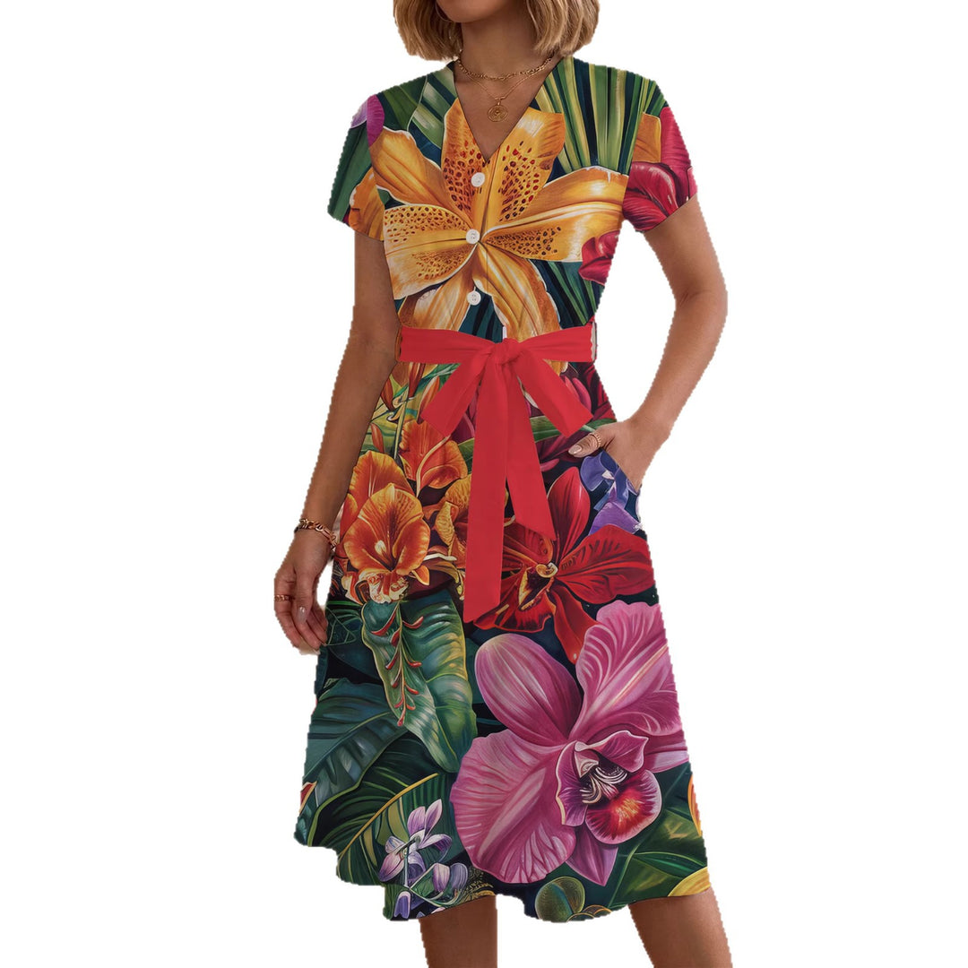 Damen Midikleid mit farbenfrohem Blumendesign und taillierbarem Bindegürtel Drune