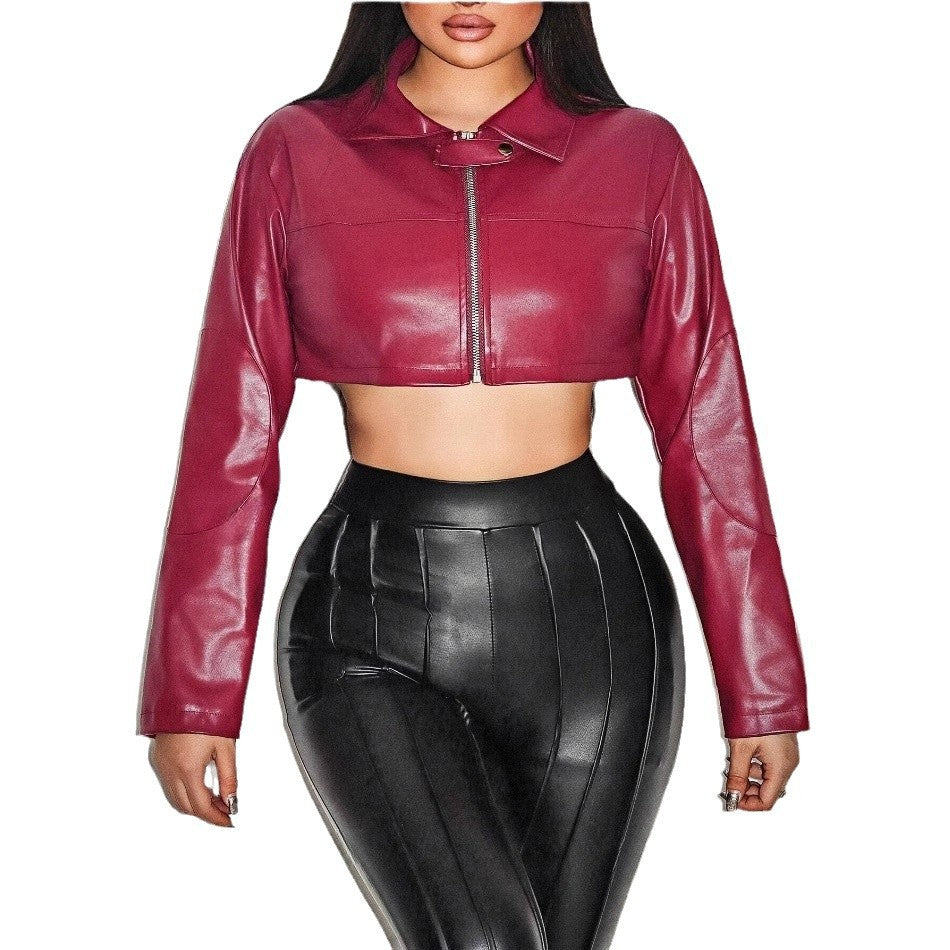 Damen cropped Kunstlederjacke mit innovativem Reißverschluss Drune