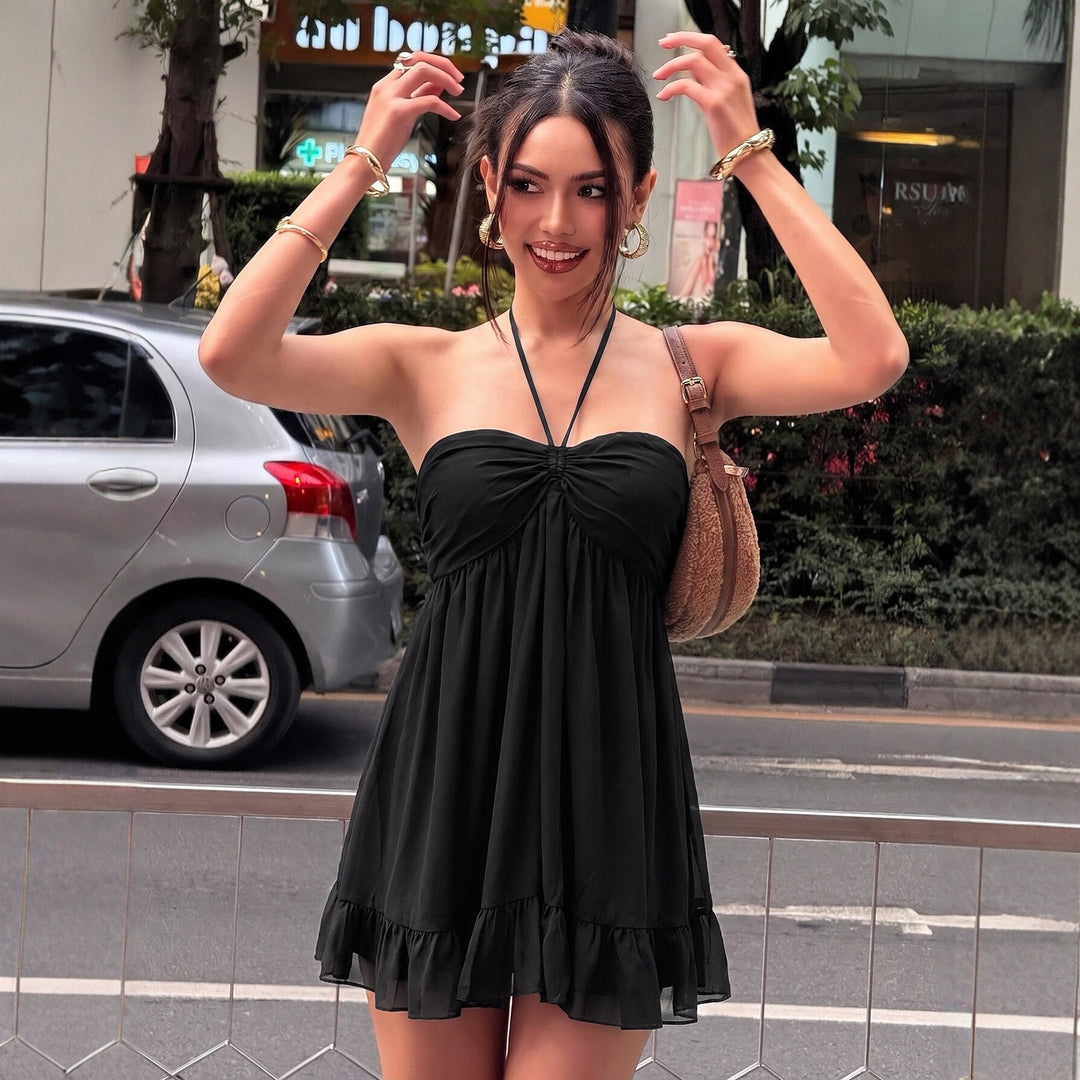 Damen Halter Kleid mit voluminösem Rock und eleganten Rüschendetails Drune