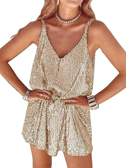 Damen Glitzerndes Jumpsuit mit tiefem V-Ausschnitt und elastischer Taille Drune