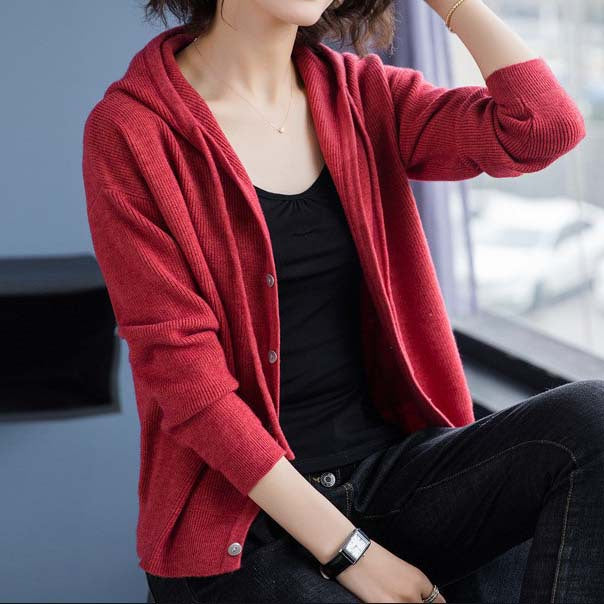 Damen Strickjacke mit Kapuze und Knopfverschluss Drune