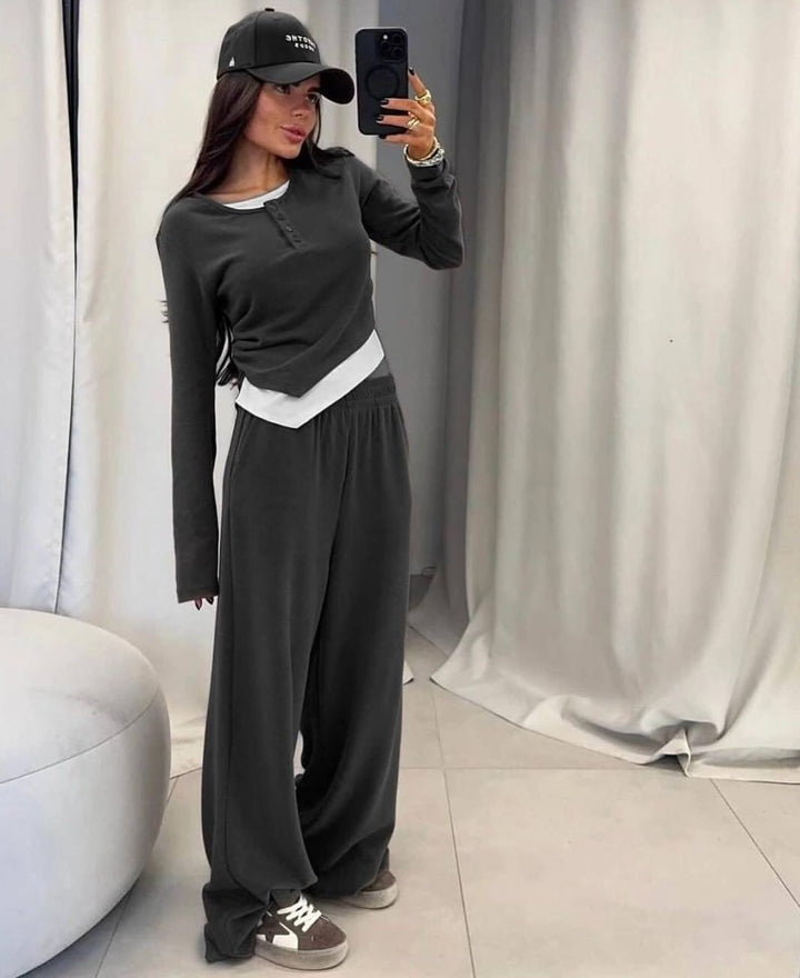Damen modisches Lounge-Set mit eleganten Knopfdetails und weitem Schnitt Drune