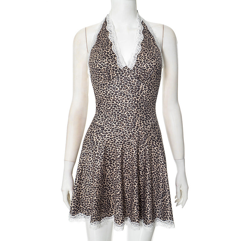 Damen Neckholder-Kleid mit elegantem Spitzenbesatz und modischem Leopardenmuster Drune